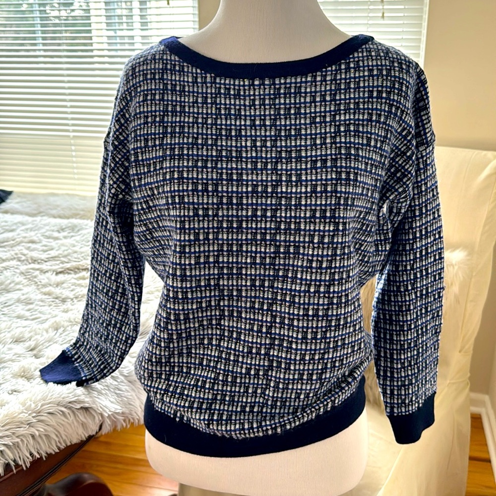 Holiday! J.crew wool blend tweed sweater silver lurex thread adds sparkle.